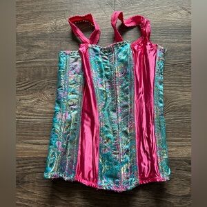 Frederick’s of Hollywood Vibrant Pink and Blue Renaissance Brocade Corset Top 32